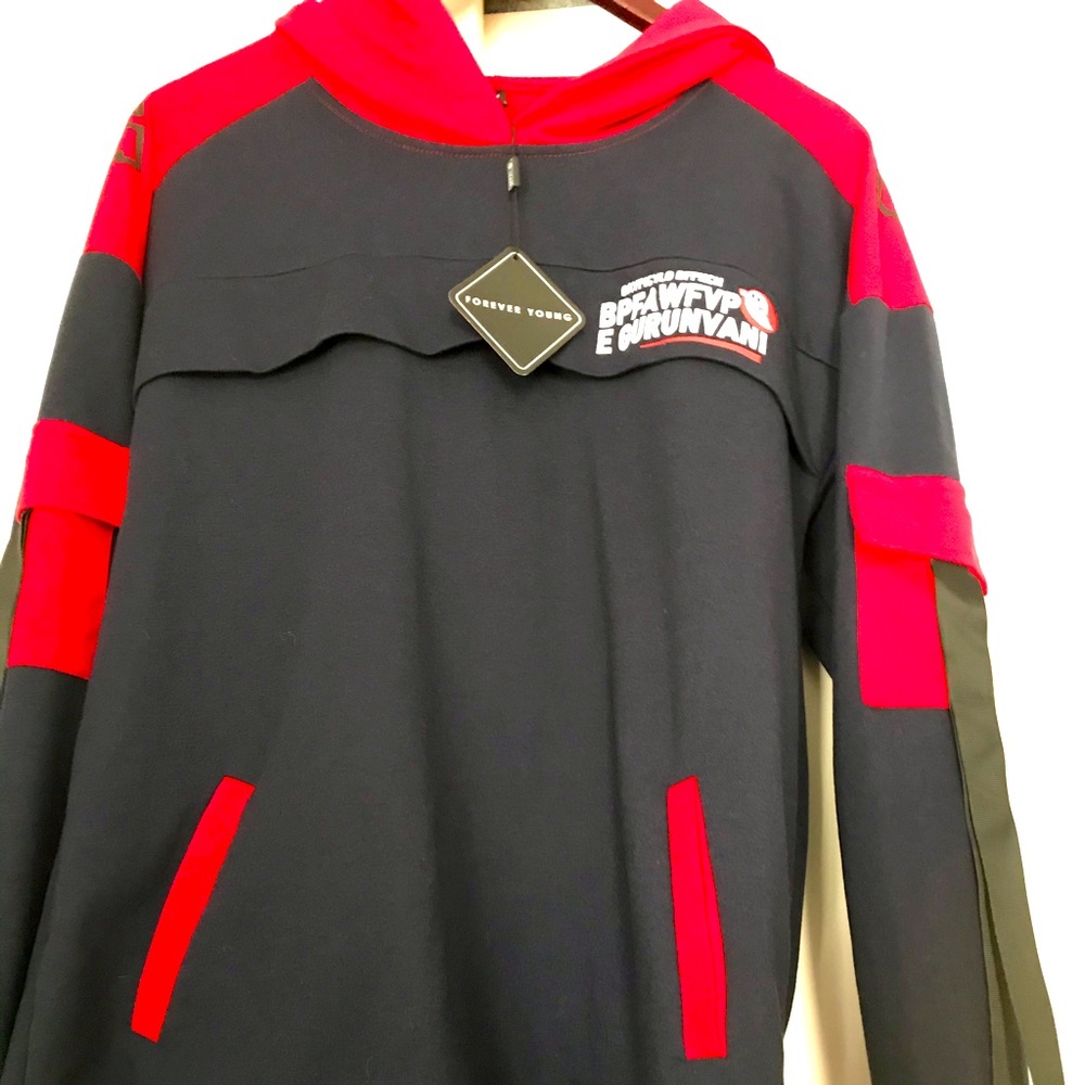 Red and black hooded sweatshirt.